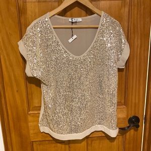 Designer Gigi Moda sequin top in neutral.
